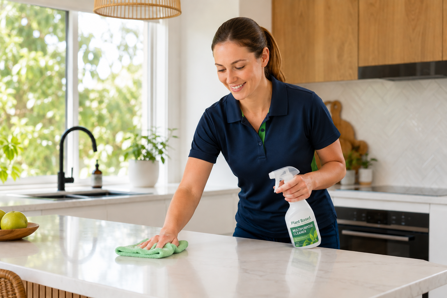 Professional house cleaner cleaning kitchen benchtop in modern Perth home — Singh Gold Cleaning Services
